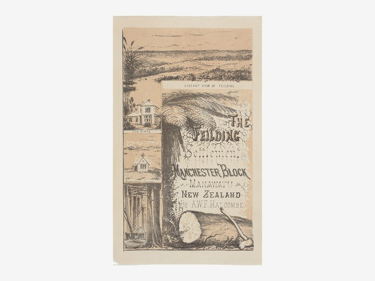 Edith Stanway Halcombe, Title page: The Feilding Settlement, Manchester Block, Manawatu. N.Z., c. 1878, lithograph, Te Papa: 1992-0035-1874/1-12