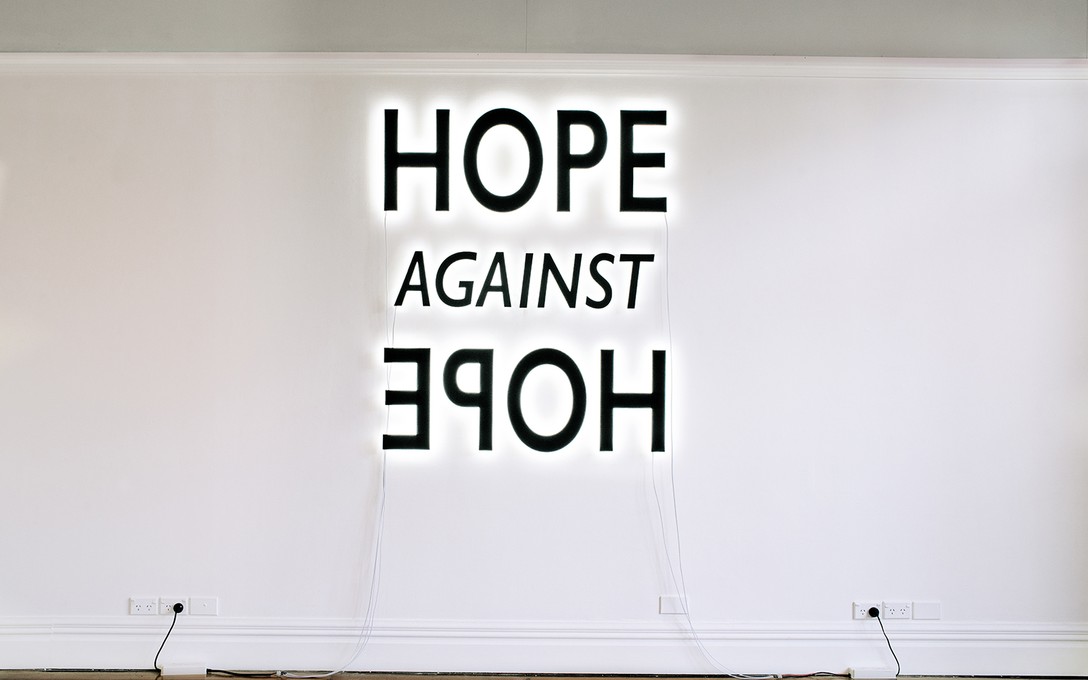 Deborah Rundle, Hope Against Hope, 2018, mdf, L.E.D. lights, Dulux Tuatapere paint. Image courtesy of Xander Dixon.