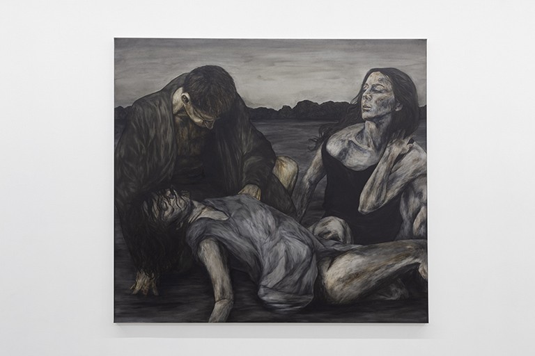 Eleanor Díaz Ritson, Unsettled Witness: in the Fall,Together, 2022, water-mixable oil on canvas, 150x165cm. Image courtesy of Cheska Brown.